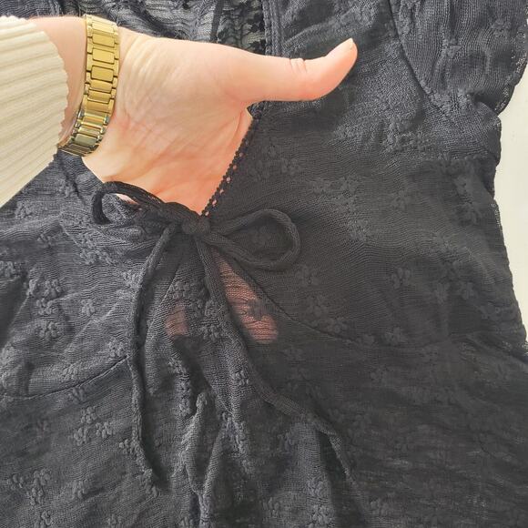 Y2K 90s Whimsigoth Goth Shirt Womens Medium Black Sheer Lace V Neck Tie Front - Picture 7 of 9